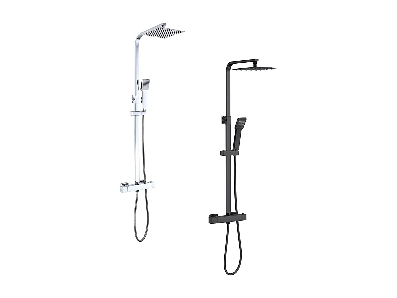 AICA 2 columnas de duchas termostáticas con duchas cuadradas y duchas de mano con columnas orientables (negro mate y cromo brillante)