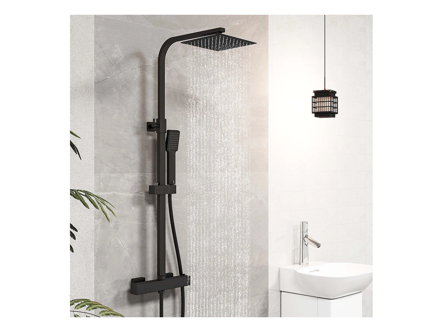 AICA 2 columnas de duchas termostáticas con duchas cuadradas y duchas de mano con columnas orientables (negro mate y cromo brillante)