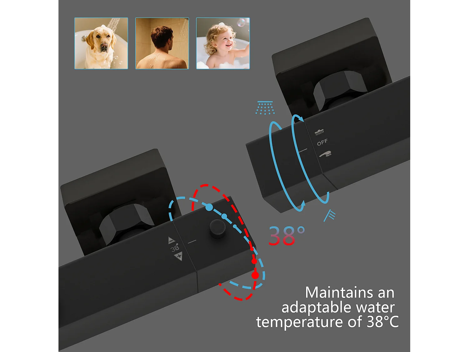 AICA 2 Columnas de chuveiros termostáticos com chuveiros quadrados e chuveiros de mão com colunas ajustáveis (preto mate e cromado brilhante)