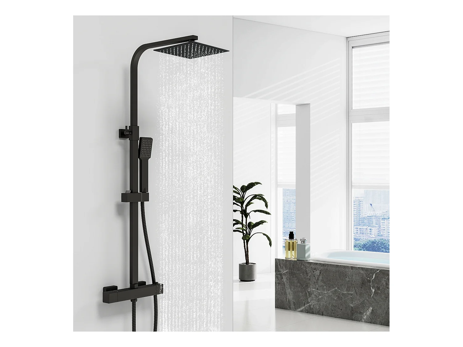 AICA Coluna de Duche Termostática - Preto Mate, Chuveiro Quadrado + Raciator Top Grande 20cmx20cm