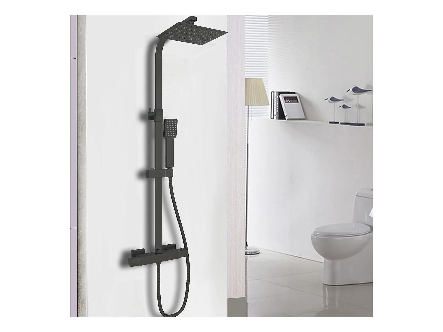 AICA Coluna de Duche Termostática - Preto Mate, Chuveiro Quadrado + Raciator Top Grande 20cmx20cm