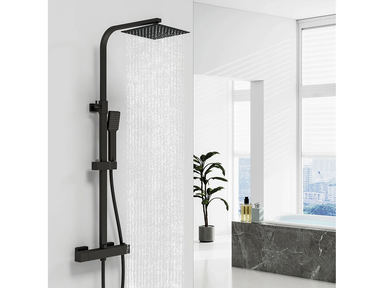 Columna de Ducha Termostática AICA - Negro Mate, Alcachofa Cuadrada+Raciador Superior Grande 20cmx20cm