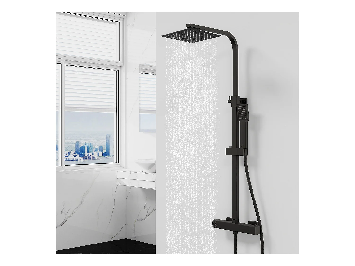 AICA Coluna de Duche com Termóstato - Cabeça Quadrada, Ratificador Superior e Barra Ajustável Preto Mate