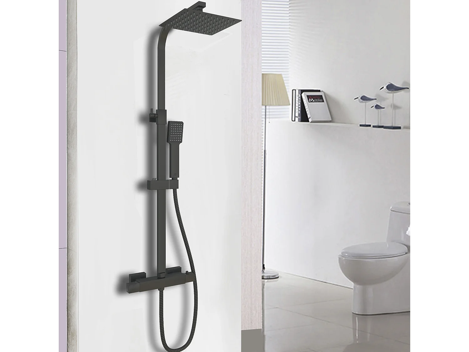 AICA Columna de Ducha con Termostato - Alcachofa Cuadrada, Raciador Superior y Barra Ajustable Negro Mate