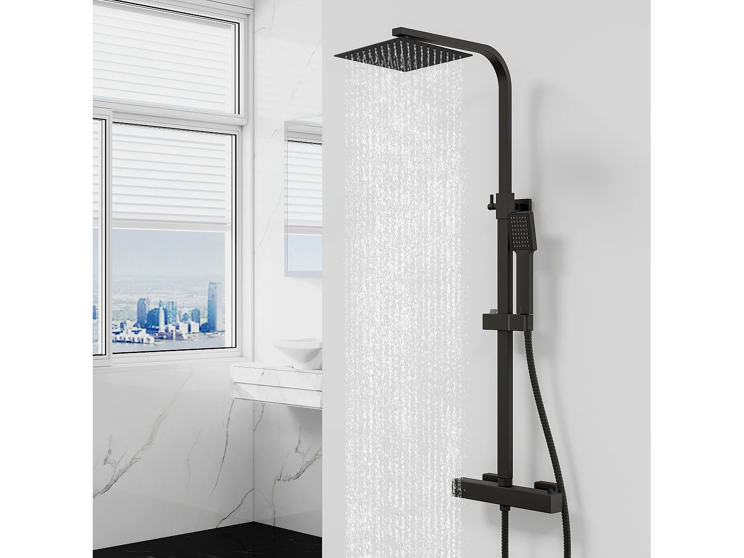 AICA Columna de Ducha con Termostato - Alcachofa Cuadrada, Raciador Superior y Barra Ajustable Negro Mate