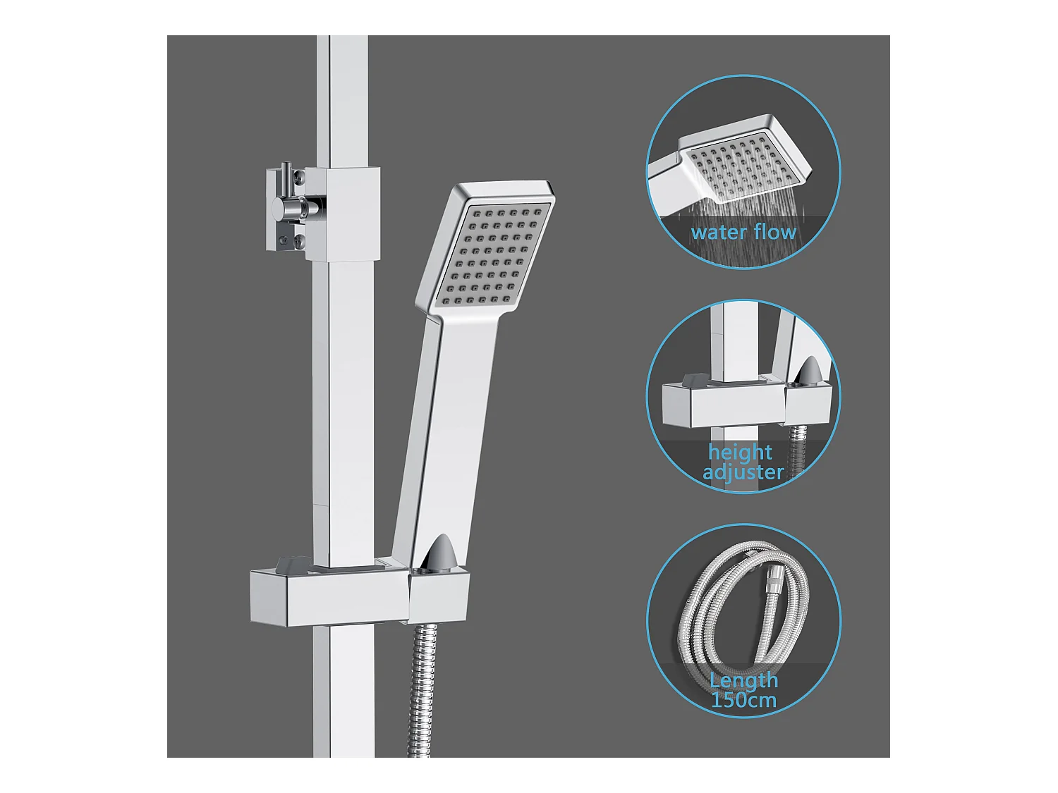 Columna de Ducha Termostática AICA Cromado, Alcachofa Cuadrada y Ducha Superior Grande 20 cm con Barra Redonda Regulable