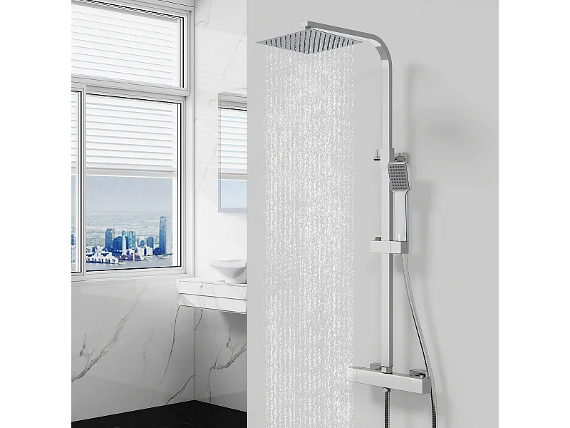 Columna de Ducha Termostática AICA Cromado con Alcachofa Cuadrada, Rociador Superior y Barra Ajustable