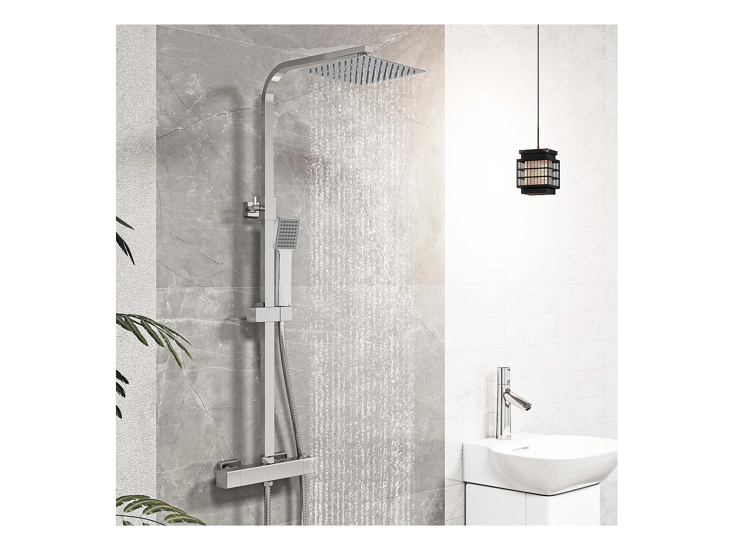 Columna de Ducha Termostática AICA Cromado con Alcachofa Cuadrada, Rociador Superior y Barra Ajustable