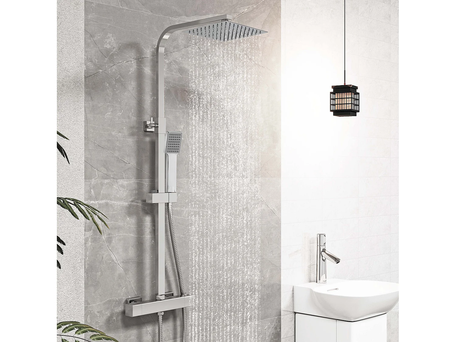 Columna de Ducha Termostática AICA Cromado, Alcachofa Cuadrada y Ducha Superior Grande