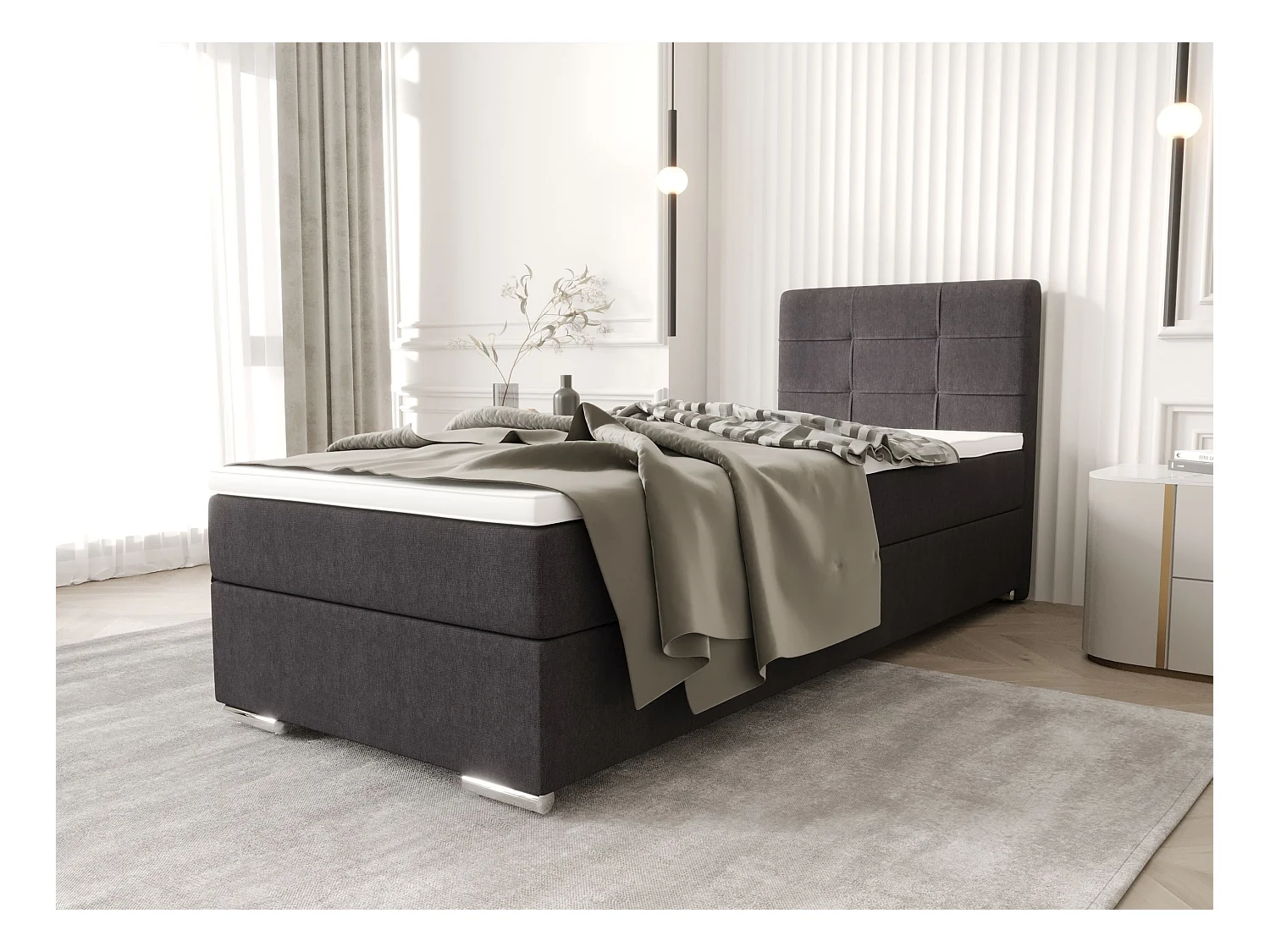 BEDANTE Boxspringbett ZILANO1 80x200 Cosmic 97 Grau Rechts Öffnung Bett Bettkasten Einzellbett Hotelbett Topper Matratze Schlafzimmer Stauraum