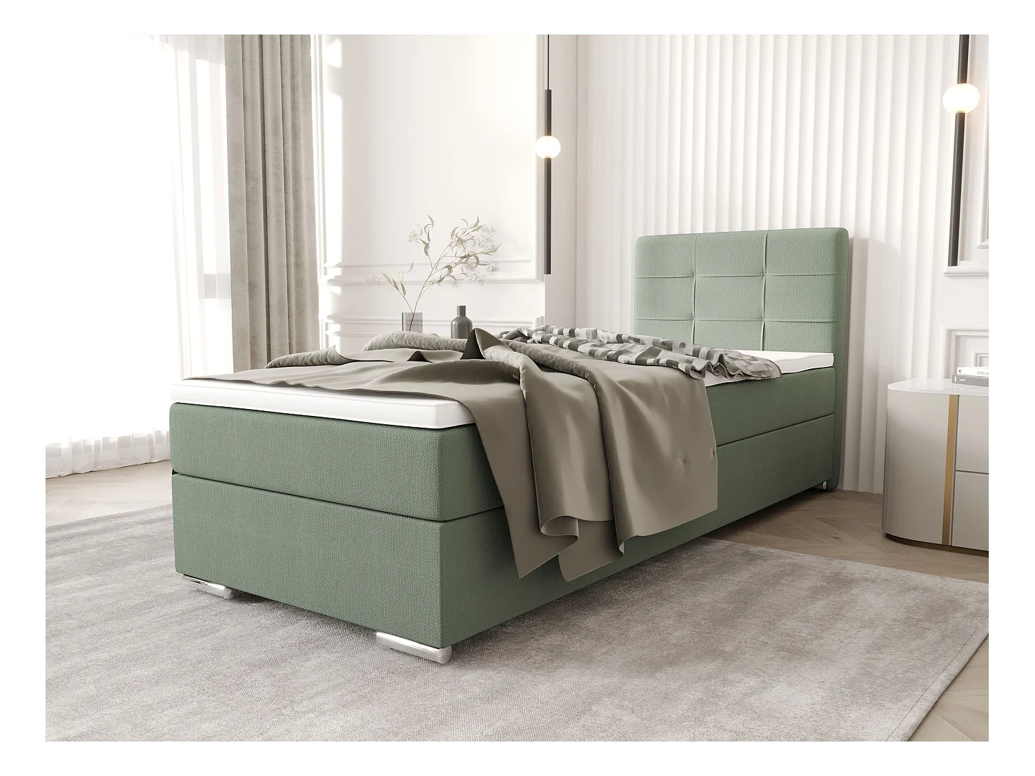 BEDANTE Boxspringbett ZILANO1 80x200 Cosmic 16 Hellgrün Links Öffnung Bett Bettkasten Einzellbett Hotelbett Topper Matratze Schlafzimmer Stauraum