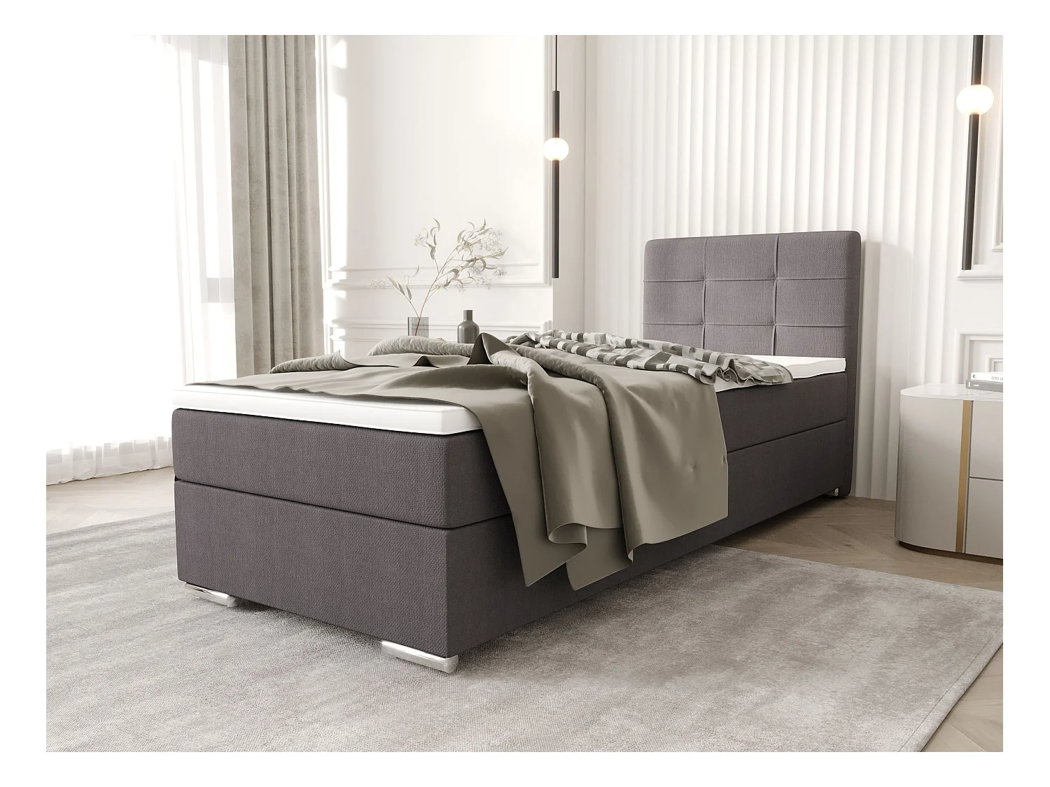 BEDANTE Boxspringbett ZILANO1 80x200 Cosmic 160 Hellgrau Rechts Öffnung Bett Bettkasten Einzellbett Hotelbett Topper Matratze Schlafzimmer Stauraum