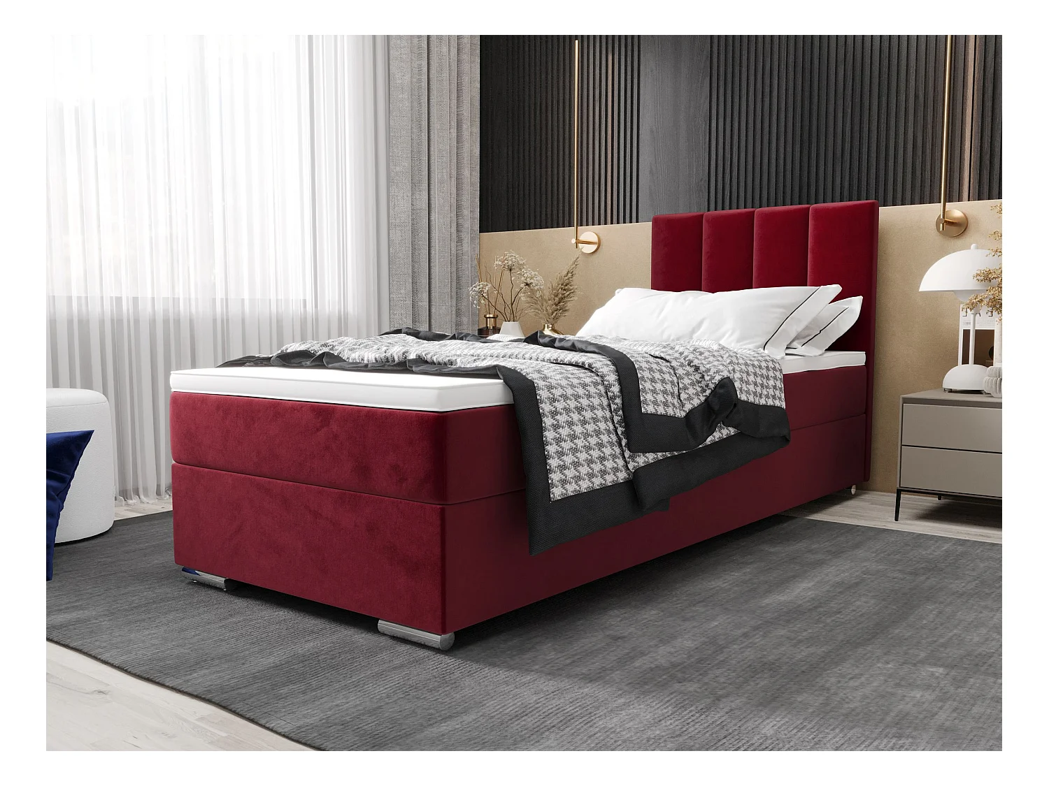 BEDANTE Boxspringbed ZILANO2 80x200 Itaka 34 Rood Bed Rechts opening Bed Bedkasten Eenpersoonsbed Hotelbed Topper Matras Slaapkamer opbergruimte