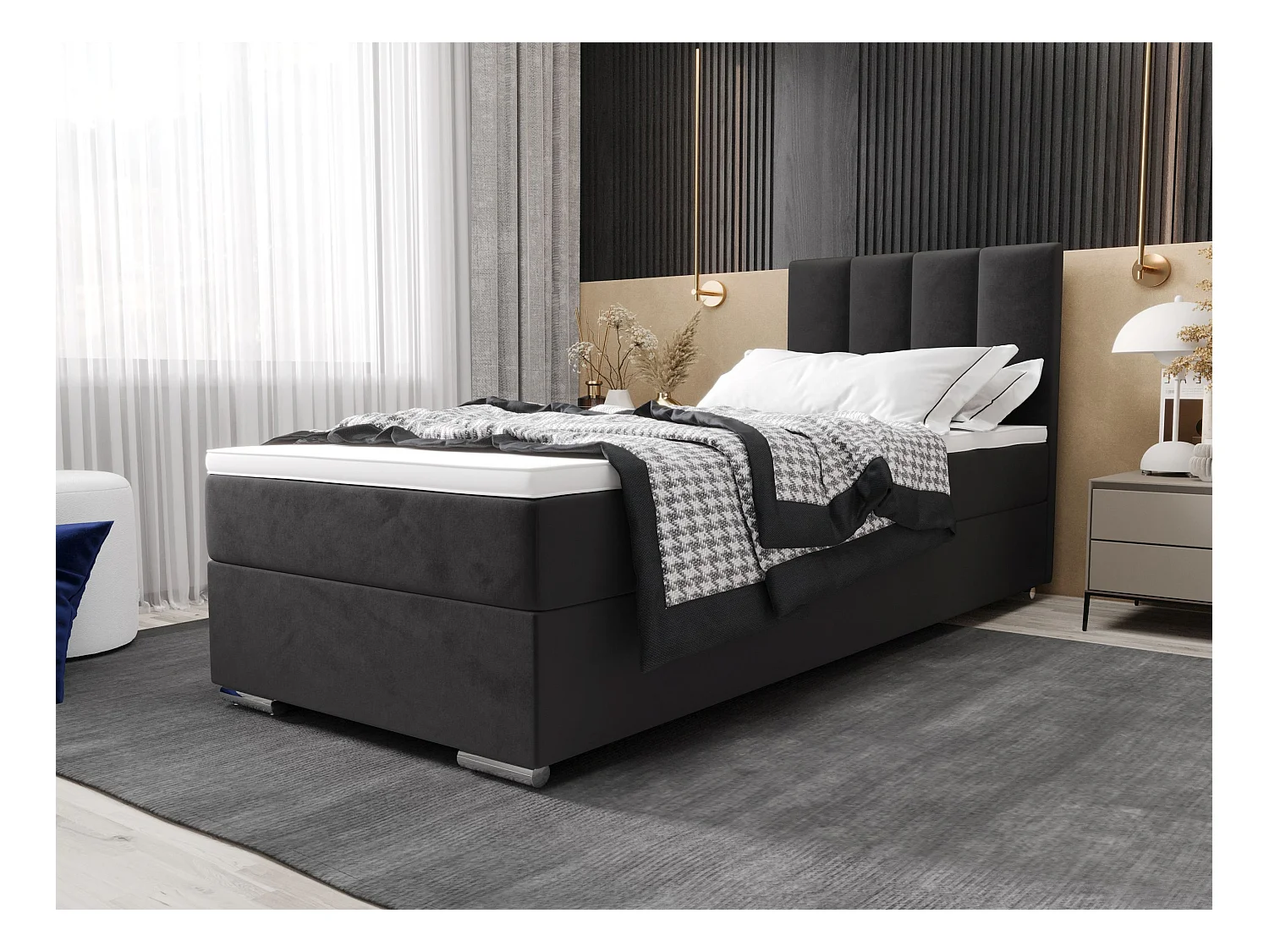 BEDANTE Boxspringbed ZILANO2 80x200 Itaka 27 Donkergrijs Bed Links opening Bed Bedkasten Eenpersoonsbed Hotelbed Topper Matras Slaapkamer Opbergruimte