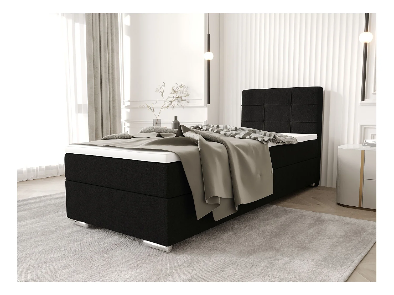 BEDANTE Boxspringbett ZILANO1 90x200 Cosmic 100 zwart opening rechts bed bedkasten eenpersoonsbed hotelbed topper matras slaapkamer opbergruimte