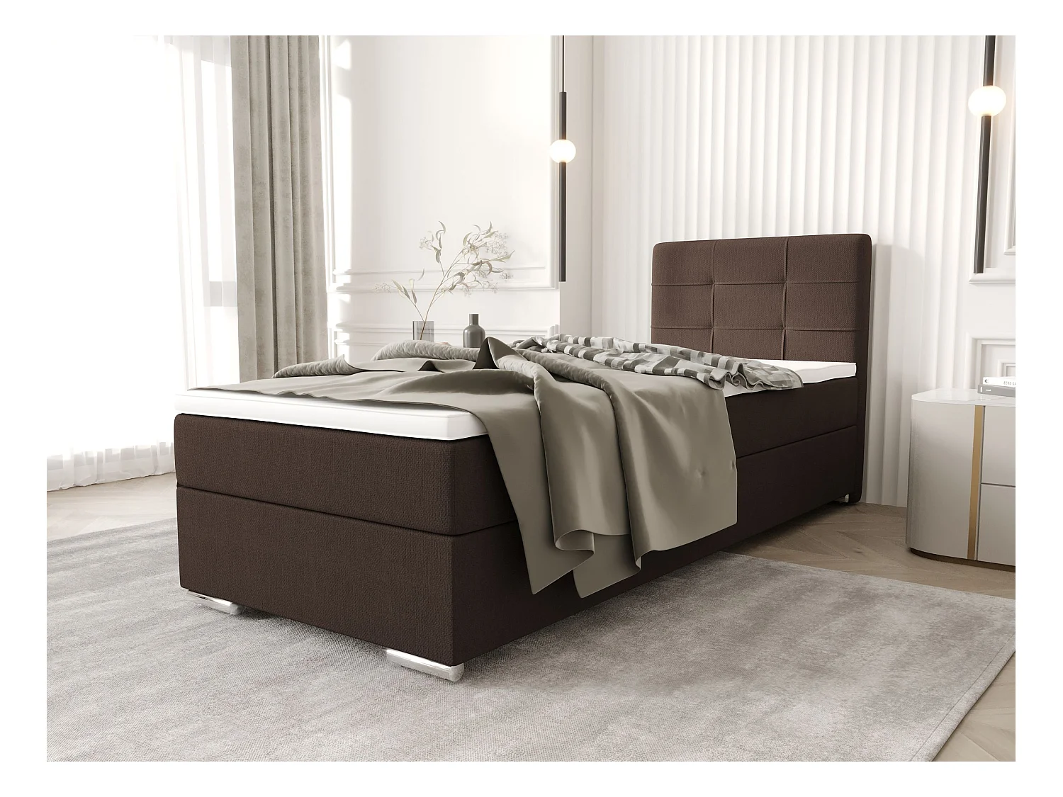 BEDANTE Boxspringbett ZILANO1 90x200 Cosmic 800 Dunkelbraun Rechts Öffnung Bett Bettkasten Einzellbett Hotelbett Topper Matratze Schlafzimmer Stauraum