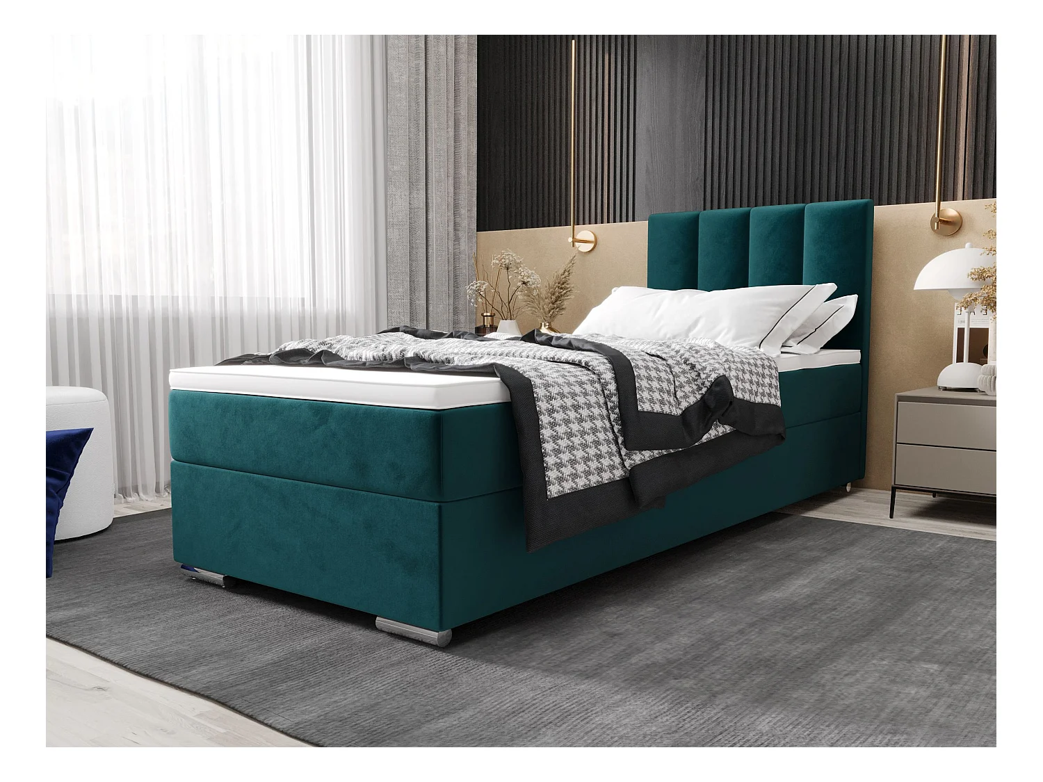 BEDANTE Boxspringbed ZILANO2 80x200 Itaka 39 Blauw Bed Rechts opening Bed Bedkasten Eenpersoonsbed Hotelbed Topper Matras Slaapkamer opbergruimte