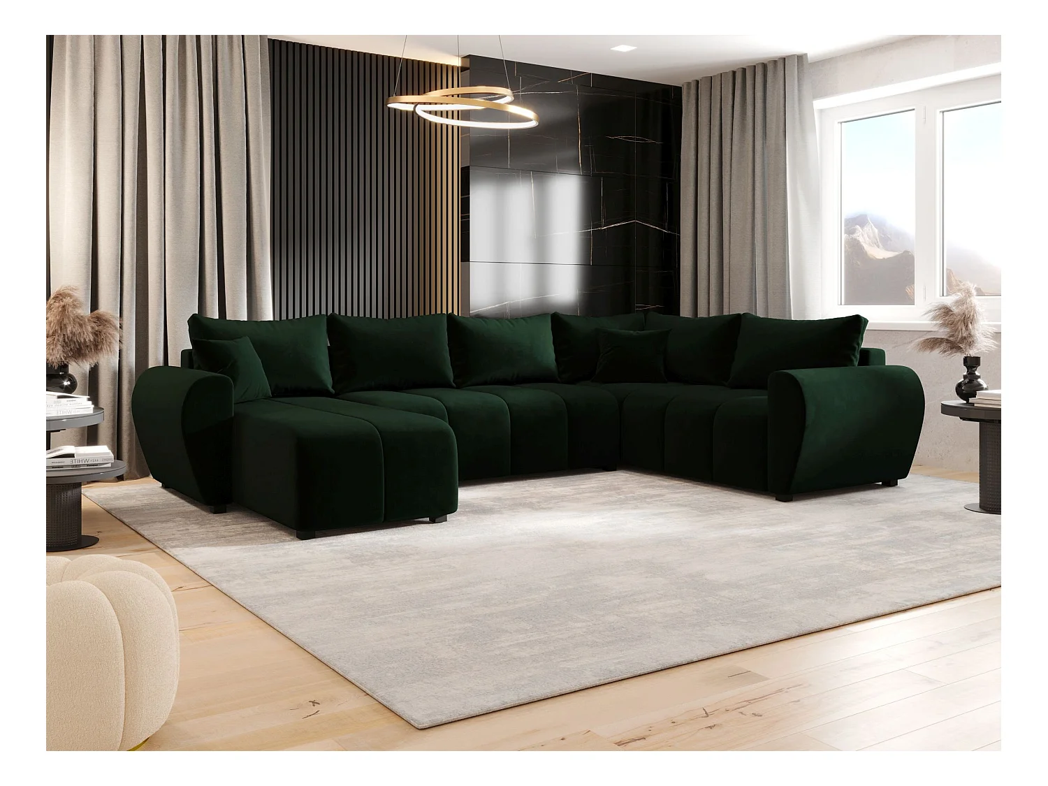 BEDANTE WOHNLANDSCHAFT MOLISA U PLUS Itaka 10 Rechts Dunkelgrün mit Schlaffunktion U-Form Sofa mit Stauraum Bettkasten