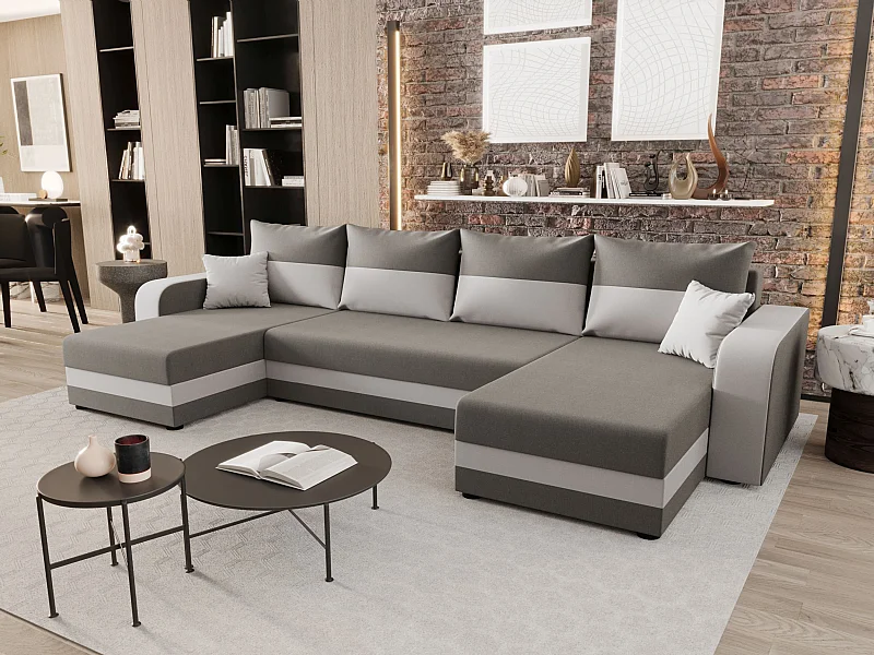 BEDANTE WOHNLANDSCHAFT HEWLET U BIS Sawana 21+01 Beige/Grau mit Schlaffunktion U-Form Sofa mit Stauraum Bettkasten