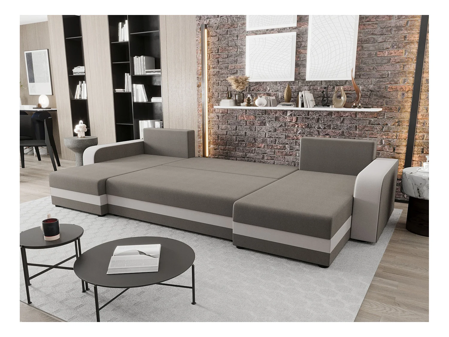BEDANTE WOHNLANDSCHAFT HEWLET U BIS Sawana 21+01 Beige/Grau mit Schlaffunktion U-Form Sofa mit Stauraum Bettkasten