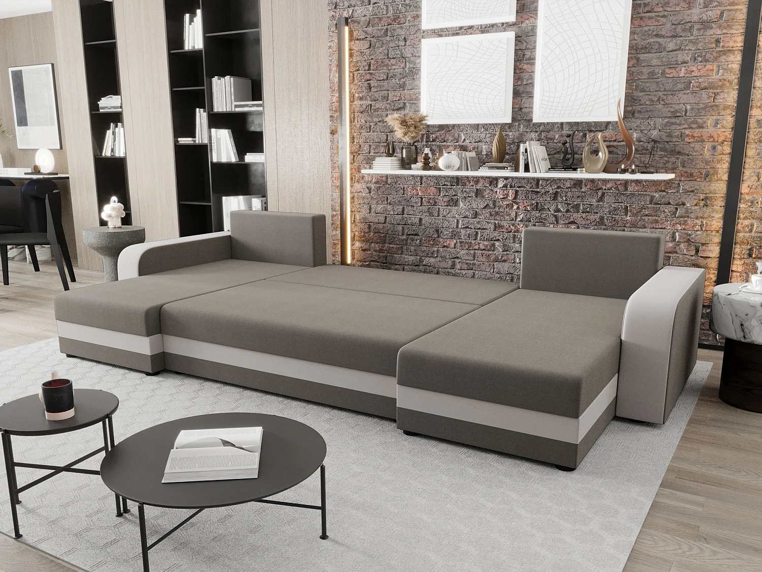 BEDANTE canapé panoramique HEWLET U BIS Sawana 21+01 beige/gris avec fonction de couchage canapé en U avec espace de rangement coffre