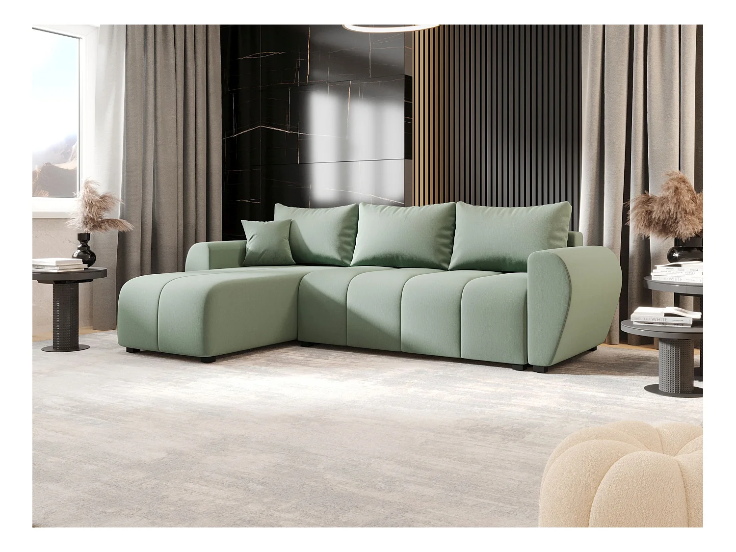 BEDANTE narożnik MOLISA L Cosmic 16 lewa jasnozielony z funkcją spania sofa w kształcie litery L z pojemnikiem na pościel