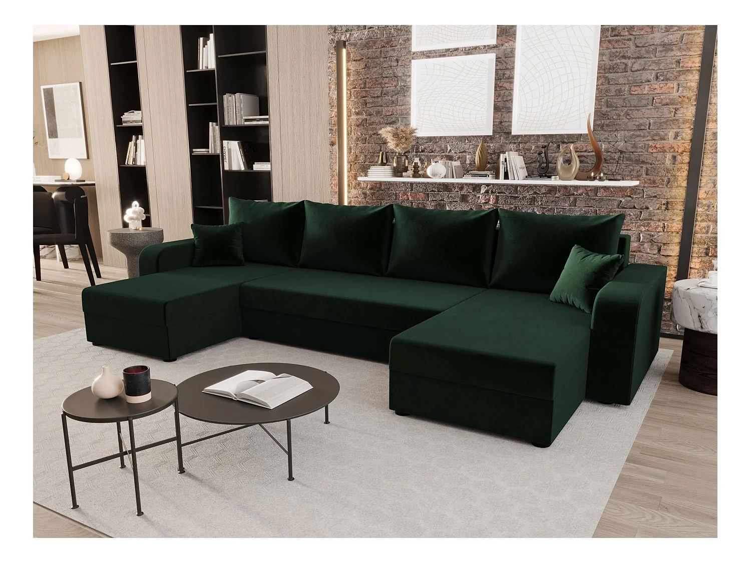 BEDANTE canapé panoramique HEWLET U BIS Itaka 10 Dunkelgrün avec fonction de couchage canapé en U avec espace de rangement coffre