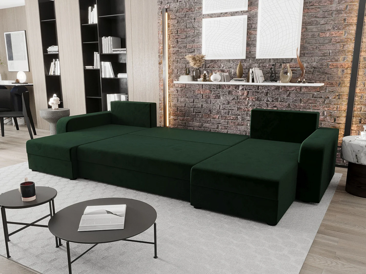 BEDANTE WOHNLANDSCHAFT HEWLET U BIS Itaka 10 Dunkelgrün mit Schlaffunktion U-Form Sofa mit Stauraum Bettkasten