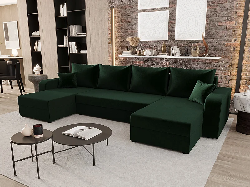 BEDANTE WOHNLANDSCHAFT HEWLET U BIS Itaka 10 Dunkelgrün mit Schlaffunktion U-Form Sofa mit Stauraum Bettkasten