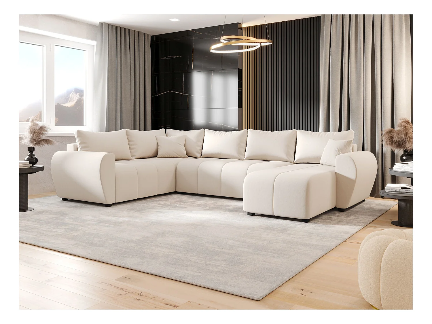 BEDANTE WOHNLANDSCHAFT MOLISA U PLUS Cosmic 10 Links Beige mit Schlaffunktion U-Form Sofa mit Stauraum Bettkasten