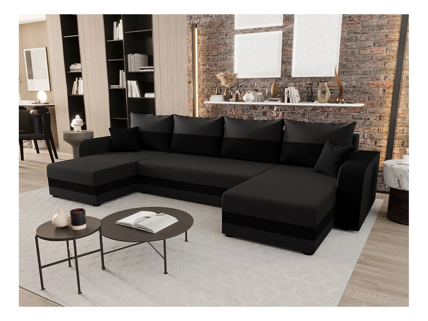 BEDANTE narożnik w kształcie U HEWLET U BIS Sawana 05+14 ciemnoszary/czarny z funkcją spania sofa w kształcie litery U z pojemnikiem na pościel