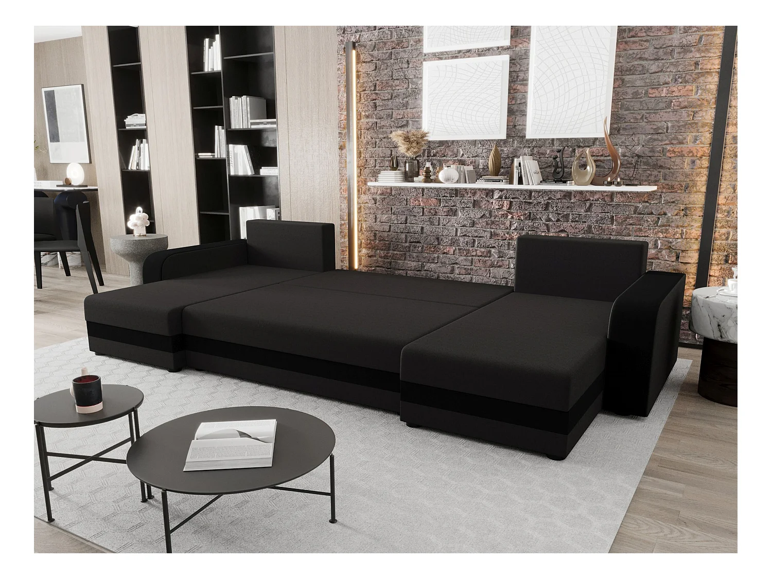 BEDANTE narożnik w kształcie U HEWLET U BIS Sawana 05+14 ciemnoszary/czarny z funkcją spania sofa w kształcie litery U z pojemnikiem na pościel