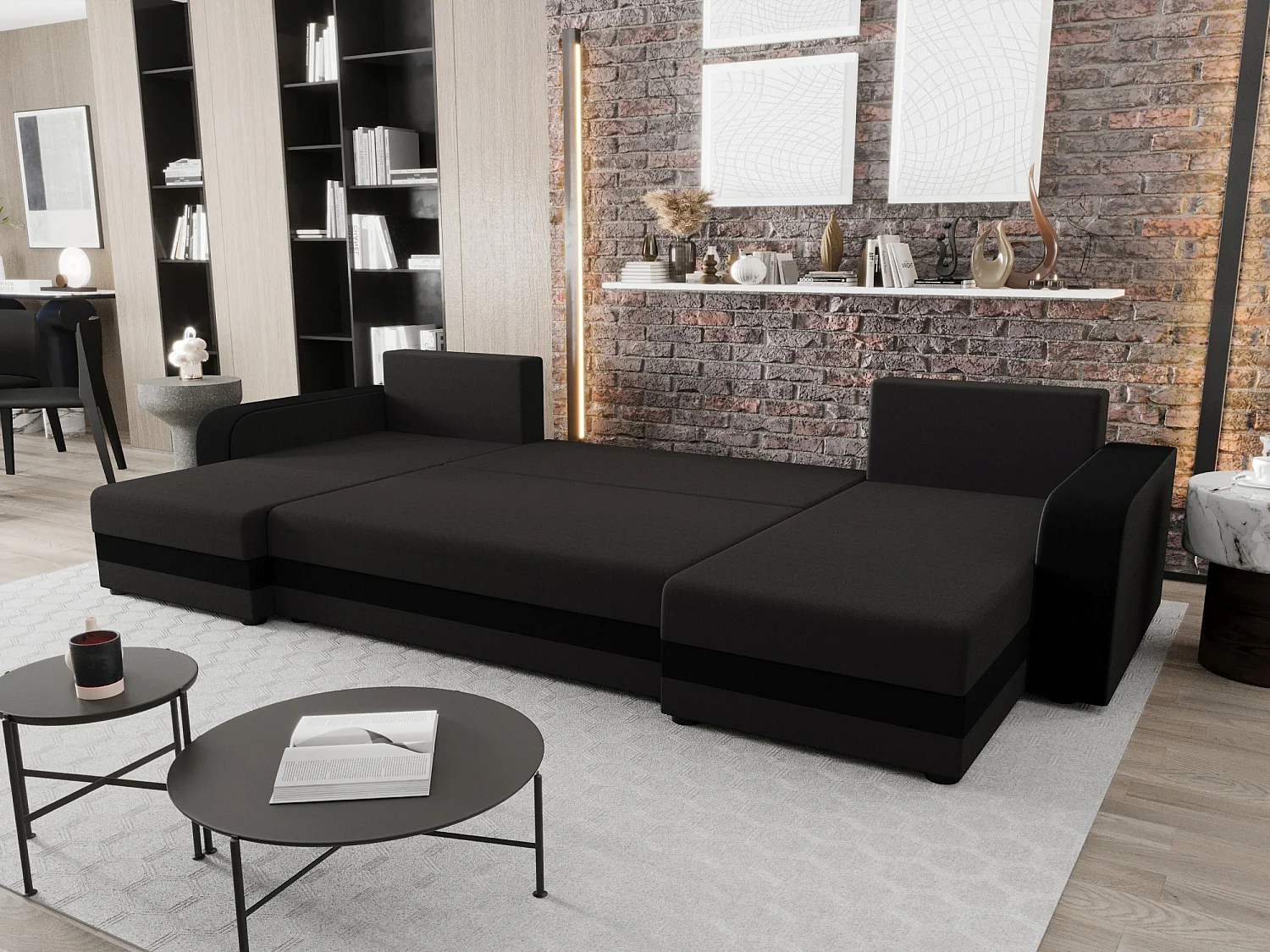 BEDANTE canapé panoramique HEWLET U BIS Sawana 05+14 gris foncé/noir avec fonction de couchage canapé en U avec espace de rangement coffre