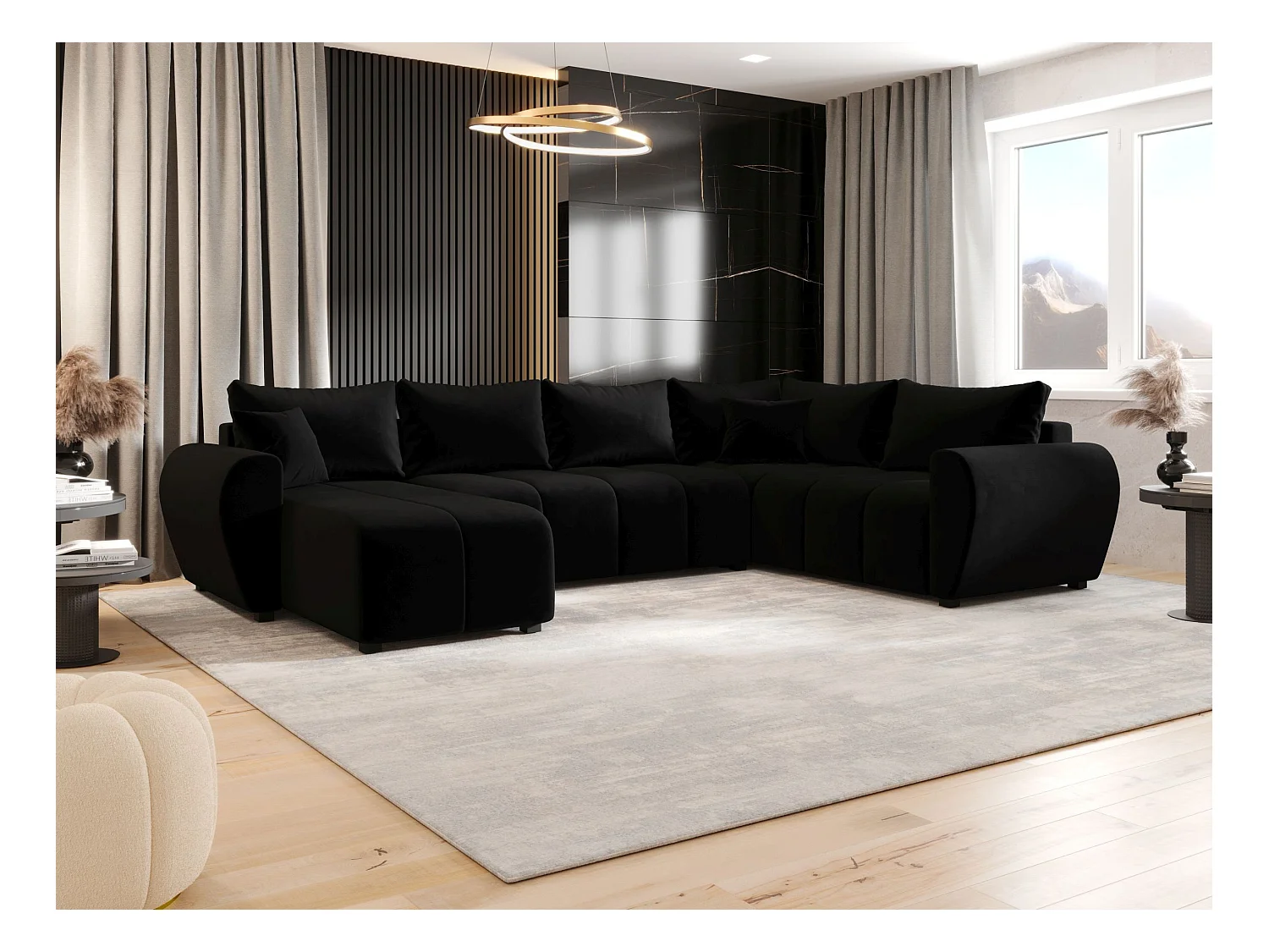 BEDANTE WOHNLANDSCHAFT MOLISA U PLUS Itaka 15 Rechts Schwarz mit Schlaffunktion U-Form Sofa mit Stauraum Bettkasten