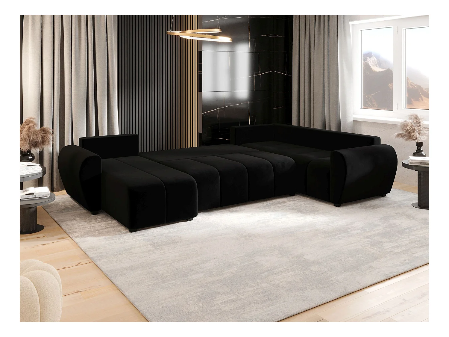 BEDANTE canapé panoramique MOLISA U PLUS Itaka 15 droit noir avec fonction de couchage canapé en forme de U