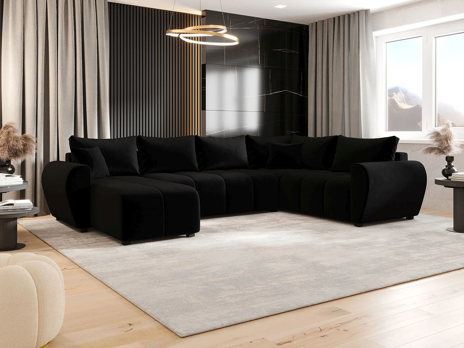 BEDANTE canapé panoramique MOLISA U PLUS Itaka 15 droit noir avec fonction de couchage canapé en forme de U