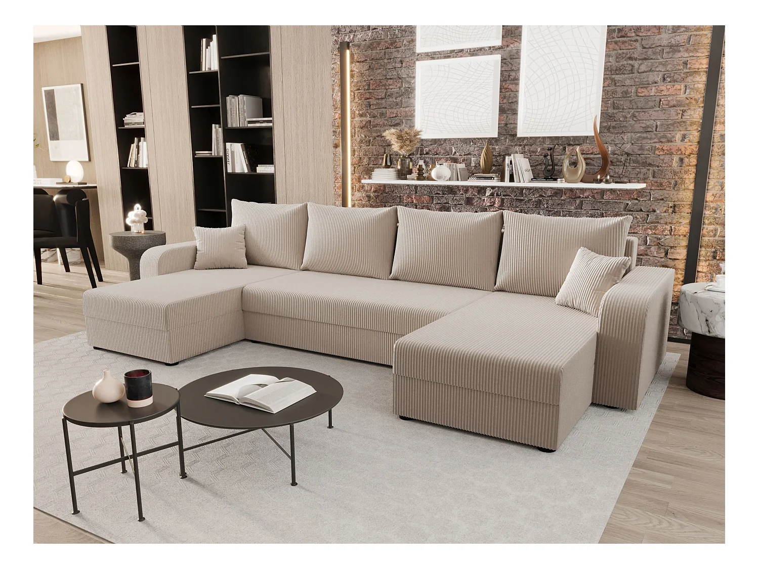 BEDANTE canapé panoramique HEWLET U BIS Zoom 1 beige avec fonction de couchage canapé en U avec espace de rangement coffre