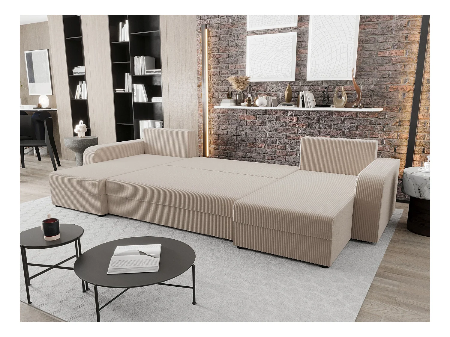 BEDANTE canapé panoramique HEWLET U BIS Zoom 1 beige avec fonction de couchage canapé en U avec espace de rangement coffre