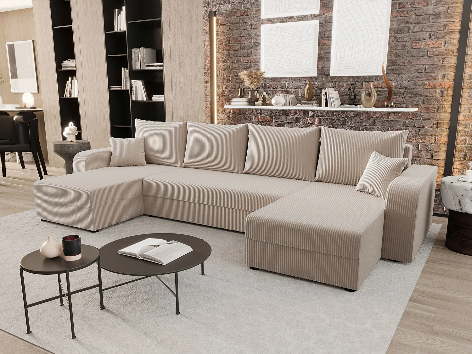 BEDANTE canapé panoramique HEWLET U BIS Zoom 1 beige avec fonction de couchage canapé en U avec espace de rangement coffre