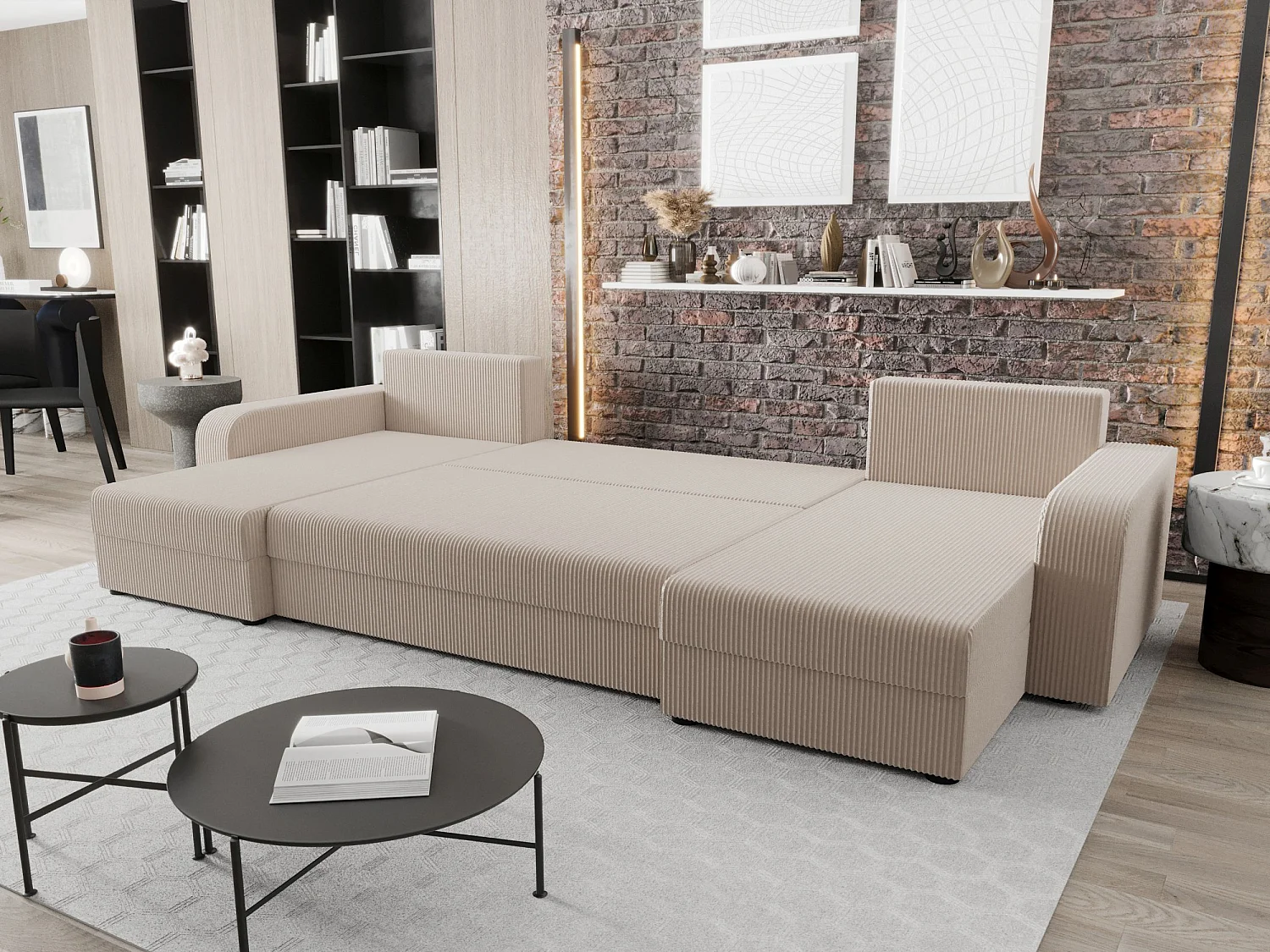 BEDANTE canapé panoramique HEWLET U BIS Zoom 1 beige avec fonction de couchage canapé en U avec espace de rangement coffre