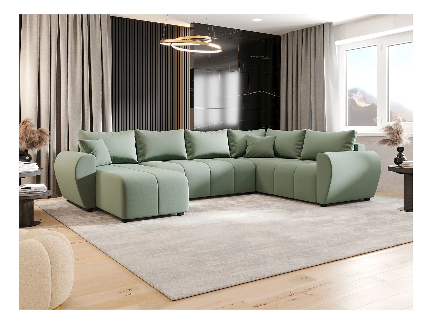 BEDANTE narożnik w kształcie U MOLISA U PLUS Cosmic 16 prawa Hellgrün z funkcją spania sofa w kształcie litery U z pojemnikiem na pościel