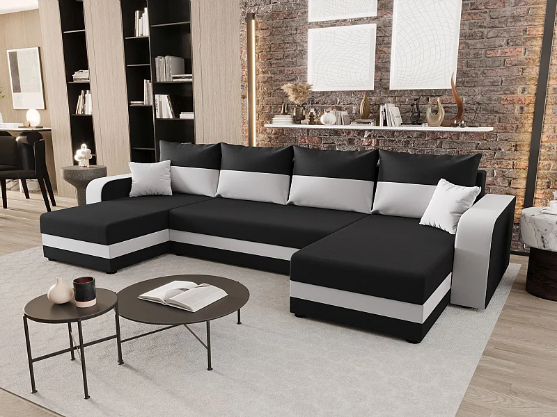 BEDANTE WOHNLANDSCHAFT HEWLET U BIS Rainbow 27+31 Grau/Weiß mit Schlaffunktion U-Form Sofa mit Stauraum Bettkasten