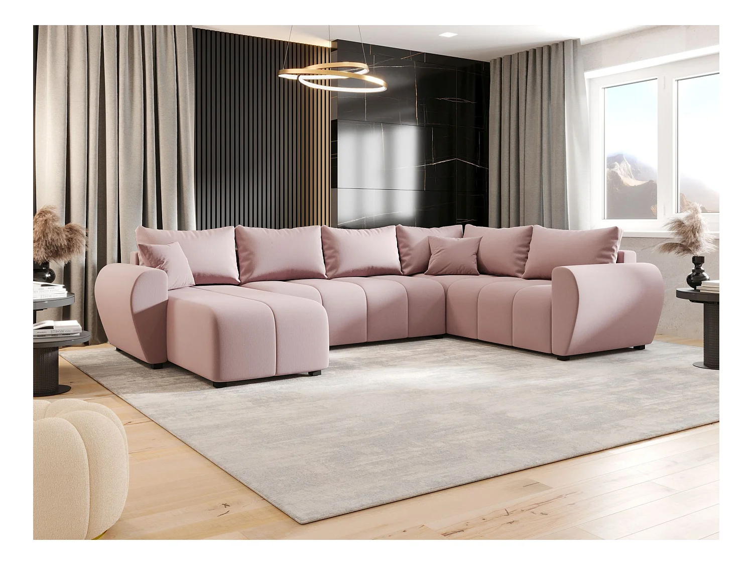 BEDANTE WOHNLANDSCHAFT MOLISA U PLUS Cosmic 14 Rechts Rosa mit Schlaffunktion U-Form Sofa mit Stauraum Bettkasten