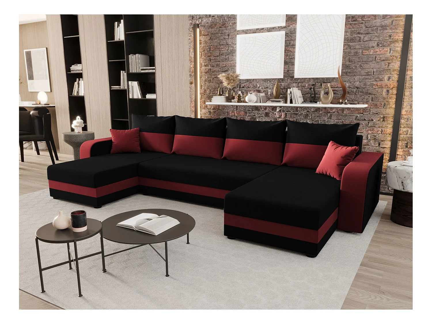 BEDANTE WOHNLANDSCHAFT HEWLET U BIS Sawana 14+13 Schwarz/Rot mit Schlaffunktion U-Form Sofa mit Stauraum Bettkasten