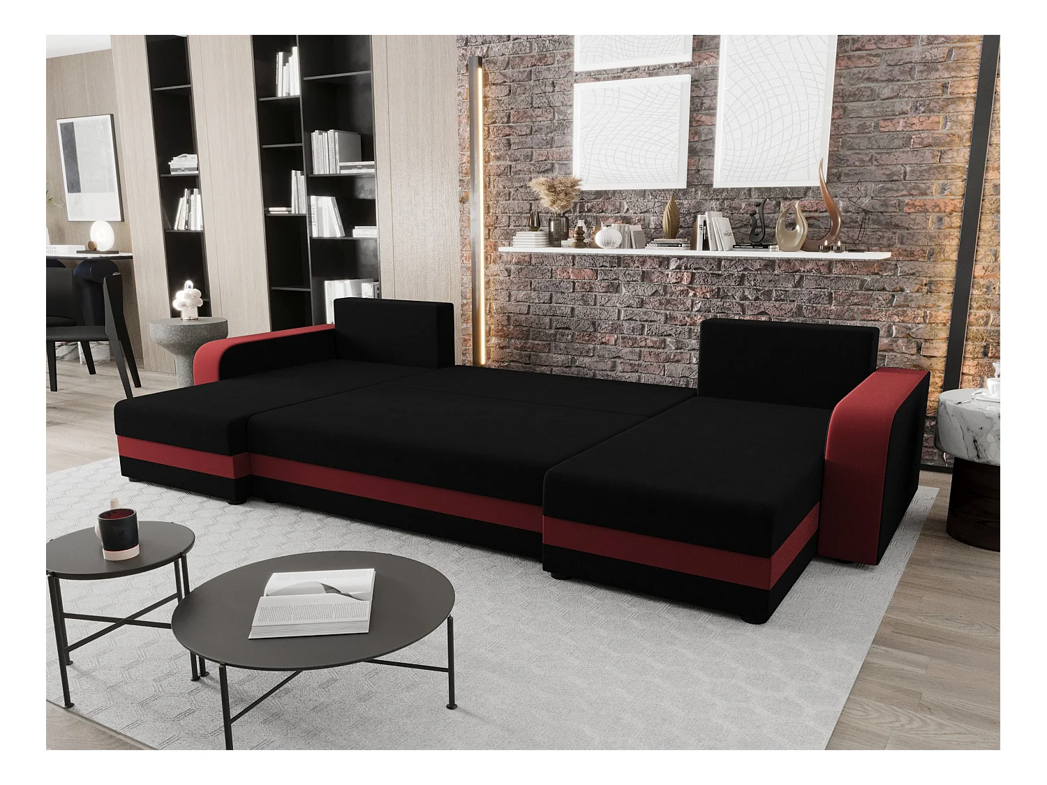 BEDANTE WOHNLANDSCHAFT HEWLET U BIS Sawana 14+13 Schwarz/Rot mit Schlaffunktion U-Form Sofa mit Stauraum Bettkasten
