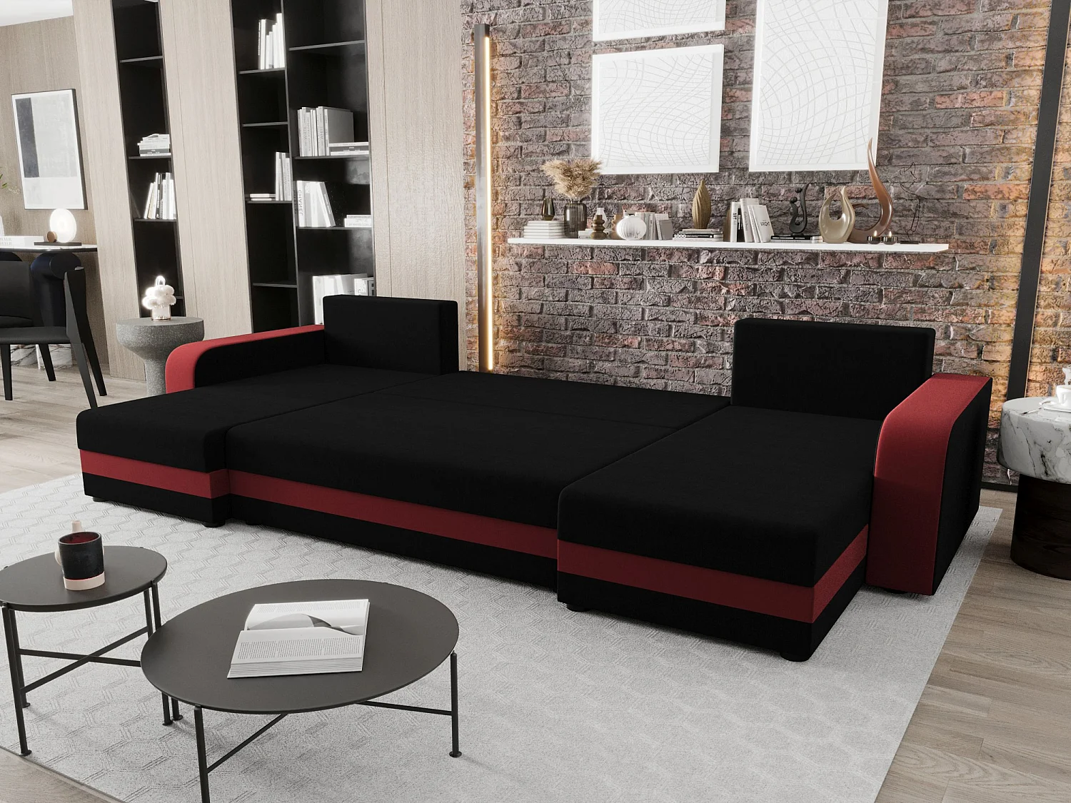 BEDANTE WOHNLANDSCHAFT HEWLET U BIS Sawana 14+13 Schwarz/Rot mit Schlaffunktion U-Form Sofa mit Stauraum Bettkasten