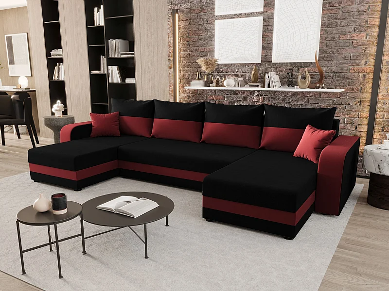 BEDANTE canapé panoramique HEWLET U BIS Sawana 14+13 noir/Rot avec fonction de couchage canapé en U avec espace de rangement coffre