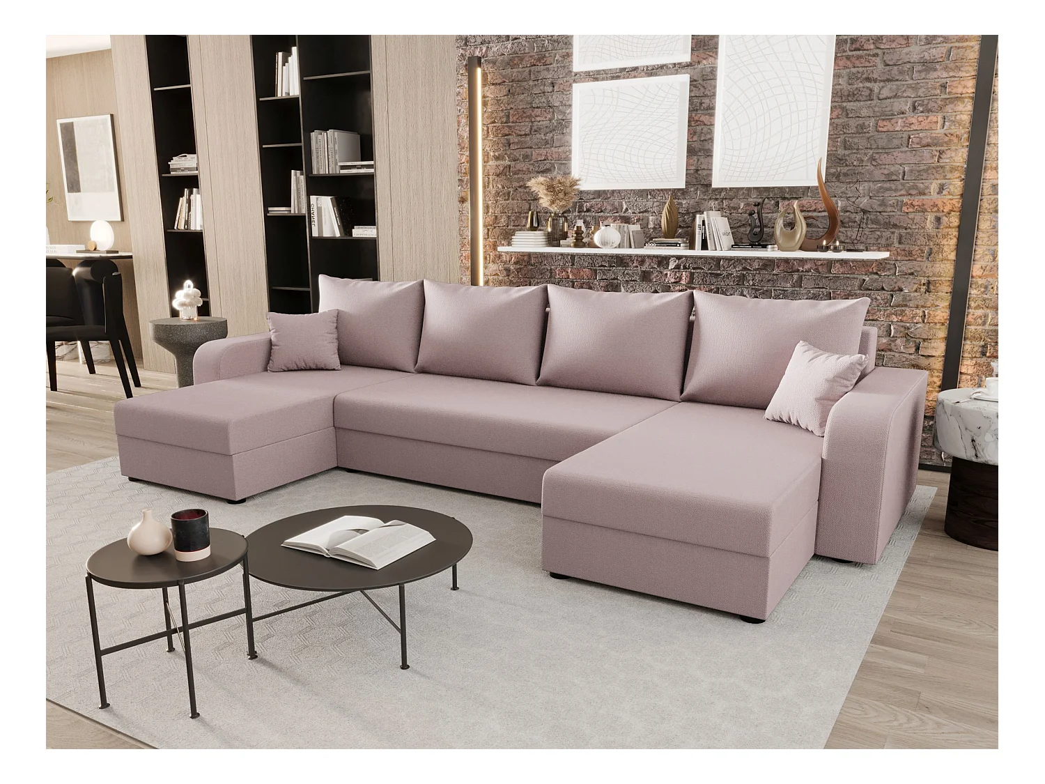 BEDANTE canapé panoramique HEWLET U BIS Cosmic 14 rose avec fonction de couchage canapé en U avec espace de rangement coffre