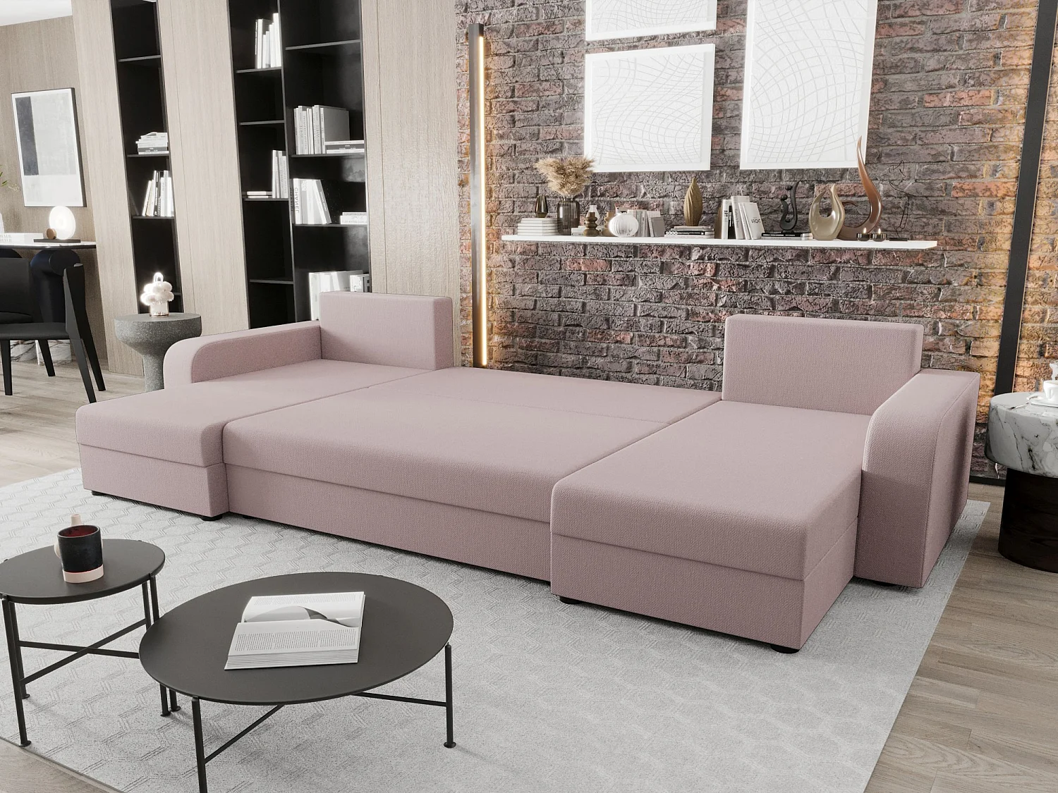 BEDANTE canapé panoramique HEWLET U BIS Cosmic 14 rose avec fonction de couchage canapé en U avec espace de rangement coffre