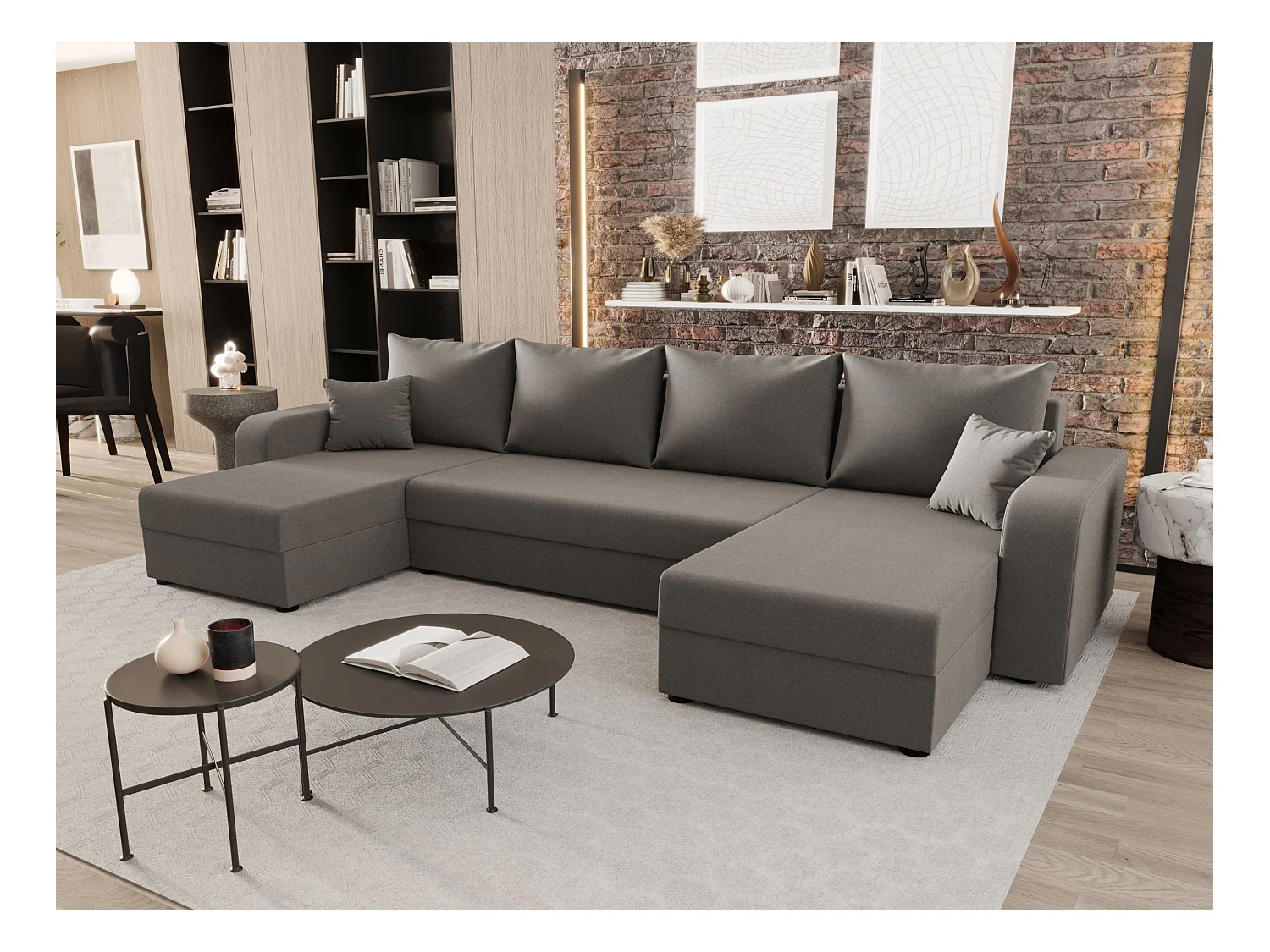 BEDANTE canapé panoramique HEWLET U BIS Sawana 21 gris avec fonction de couchage canapé en U avec espace de rangement coffre